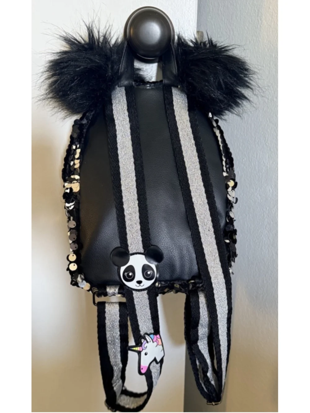 Justice Mini Sequin Backpack Black Gold Silver Panda Faux Fur Zip Closure
